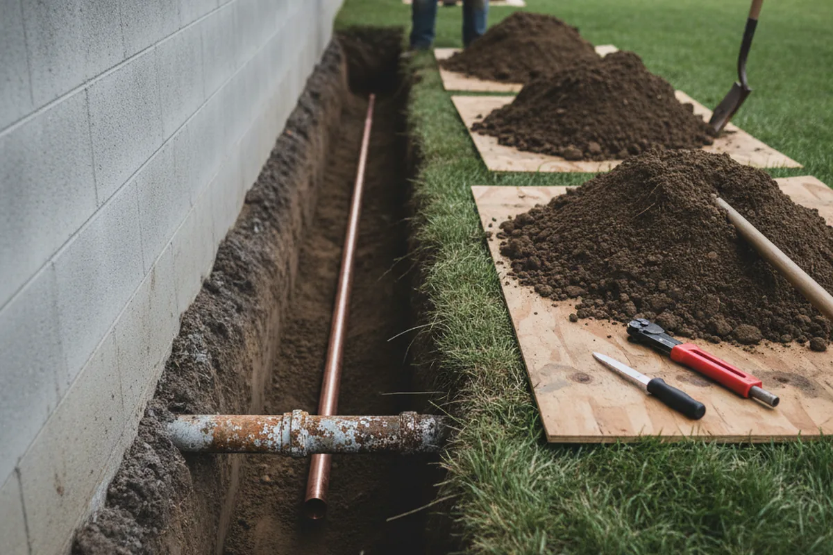 Excavated water line trench during Water Softener Installation in East Granby